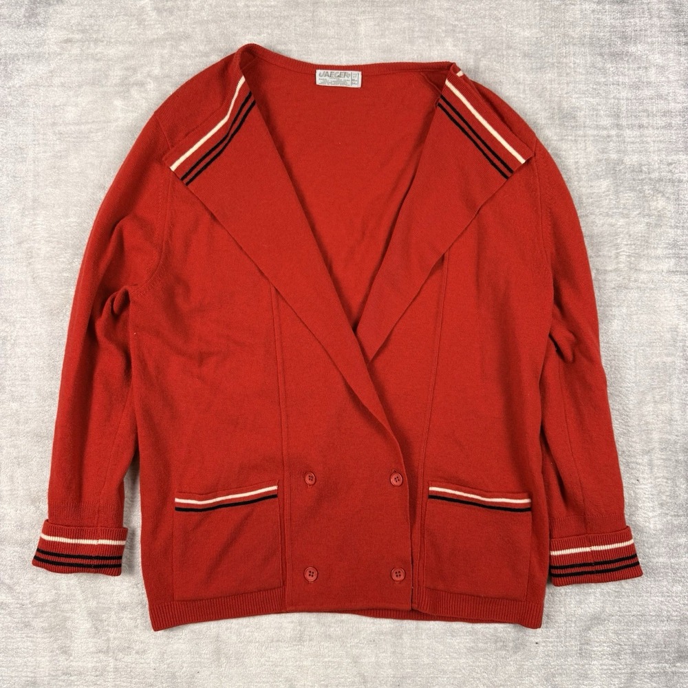 Jaeger Sweater Woman's Large Red Vintage Stripped‎ Cardigan Lambswool Preppy